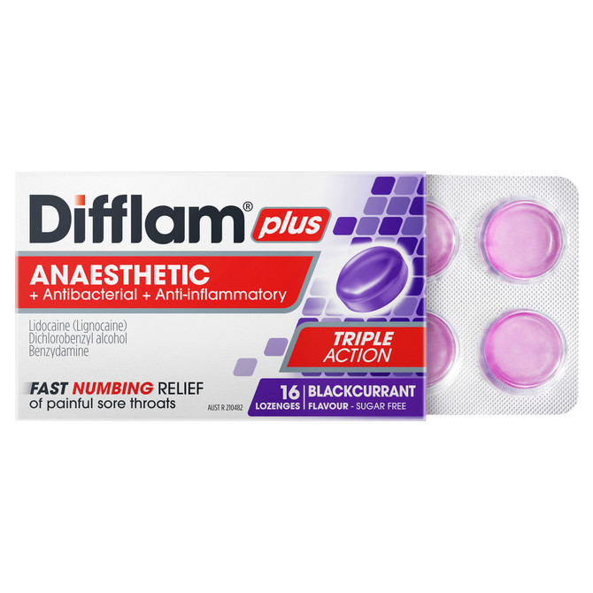 Difflam Plus Anaesthetic Sore Throat Pack  Blackcurrant Flavour 16 Pack 