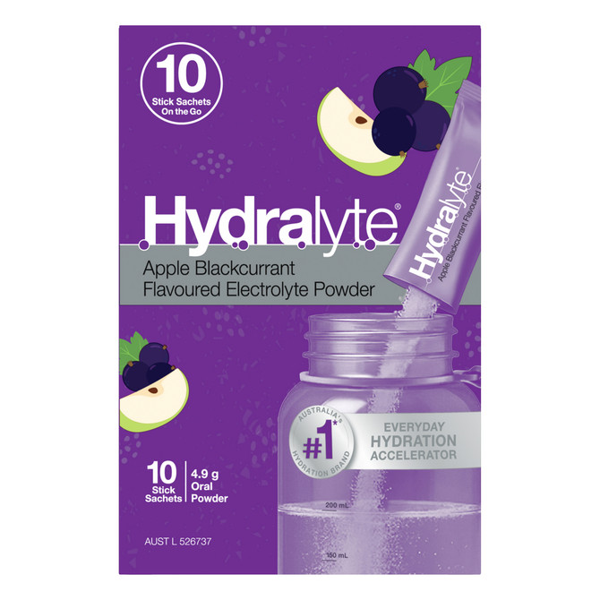 Hydralyte Apple Blackcurrant Flavoured Electrolyte Powder Stick Sachets 10 Pack