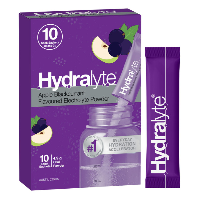 Hydralyte Apple Blackcurrant Flavoured Electrolyte Powder Stick Sachets 10 Pack