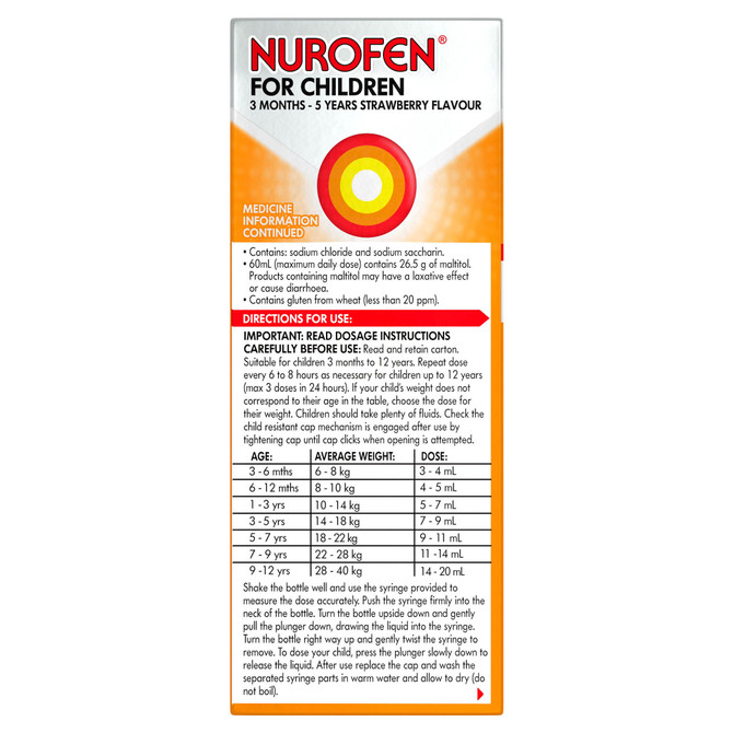 Nurofen For Children 3months - 5years Pain and Fever Relief 100mg/5mL Ibuprofen Strawberry 100mL