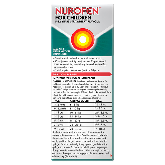 Nurofen For Children 5-12yrs Pain and Fever Relief Concentrated Liquid 200mg/5mL Ibuprofen Strawberry Flavour 100mL