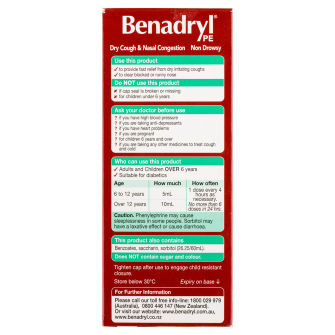 Benadryl PE Dry Cough & Nasal Congestion Liquid Berry Flavour 200mL