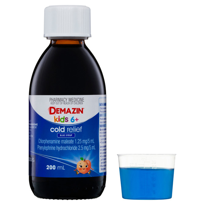 Demazin Kids 6+ Cold Relief Blue Syrup Peach & Vanilla Flavour 200mL