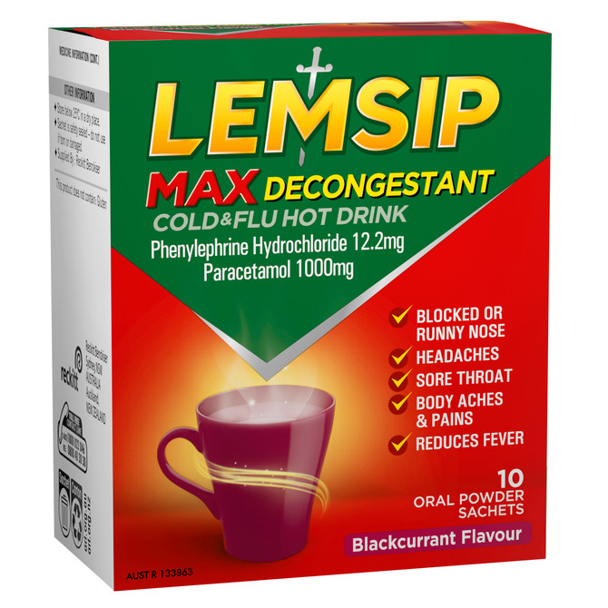 Lemsip Max Cold & Flu with Decongestant Blackcurrant Sachets 10