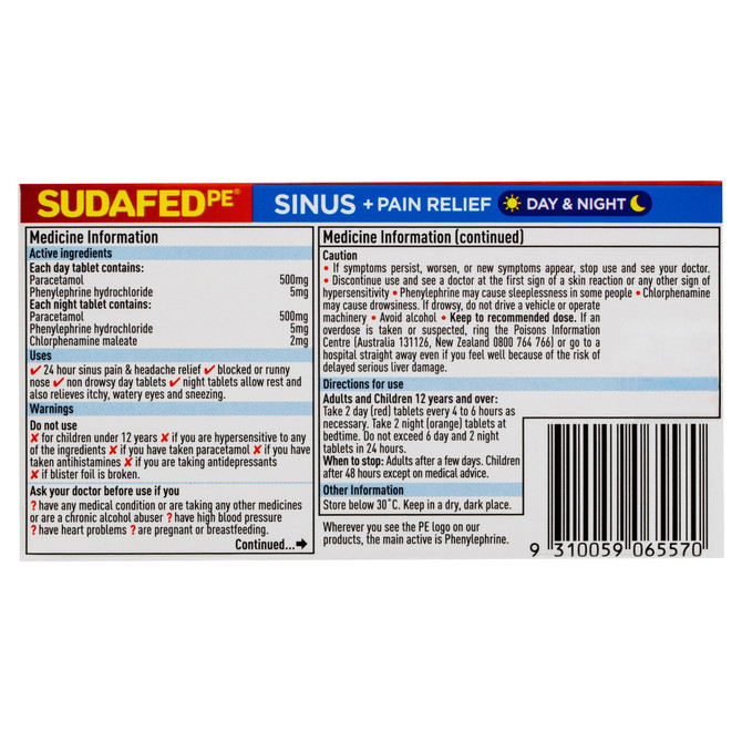 Sudafed PE Sinus + Pain Relief Day & Night Tablets 24 Pack