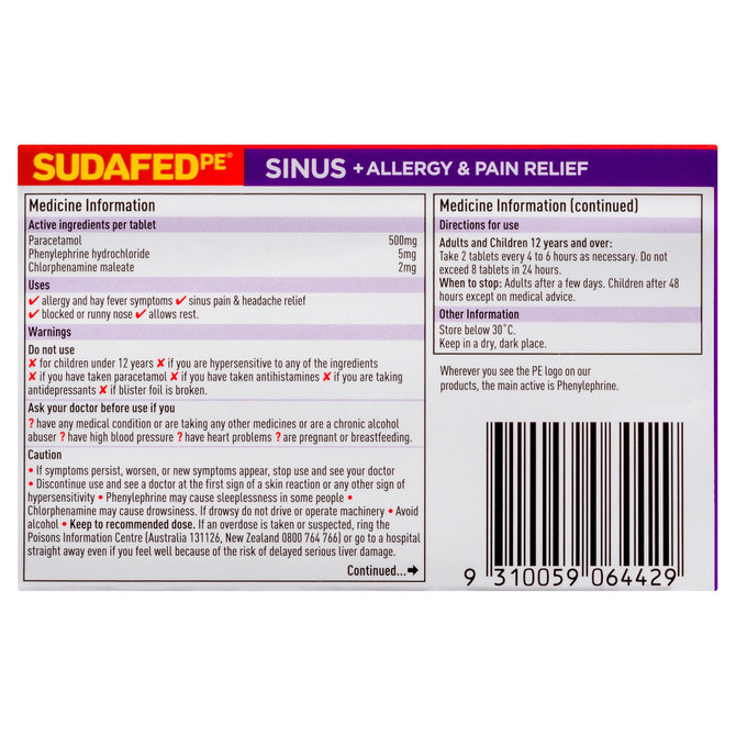 Sudafed PE Sinus + Allergy & Pain Relief Tablets  48 Pack