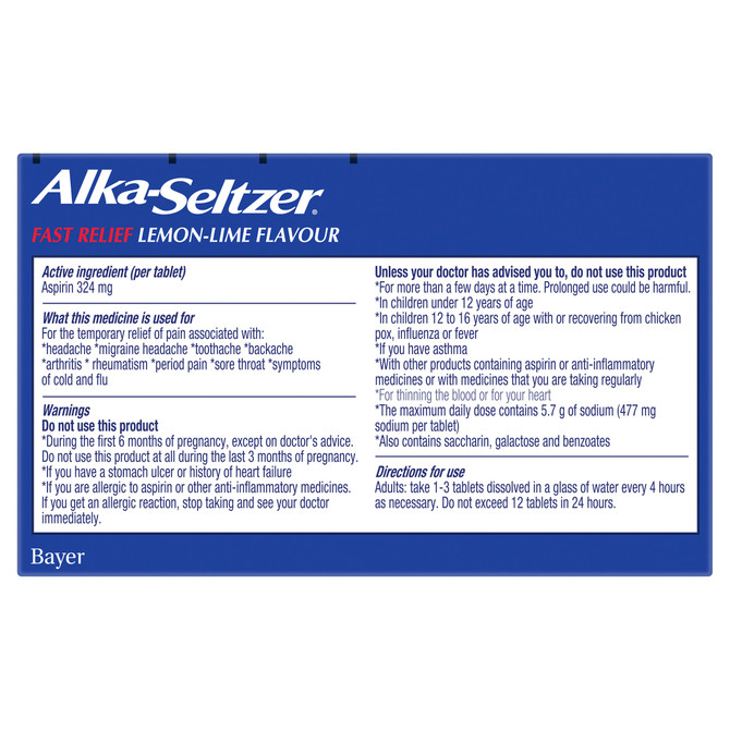 Alka-Seltzer Pain Relief Effervescent Tablets Lemon-Lime 20 Pack