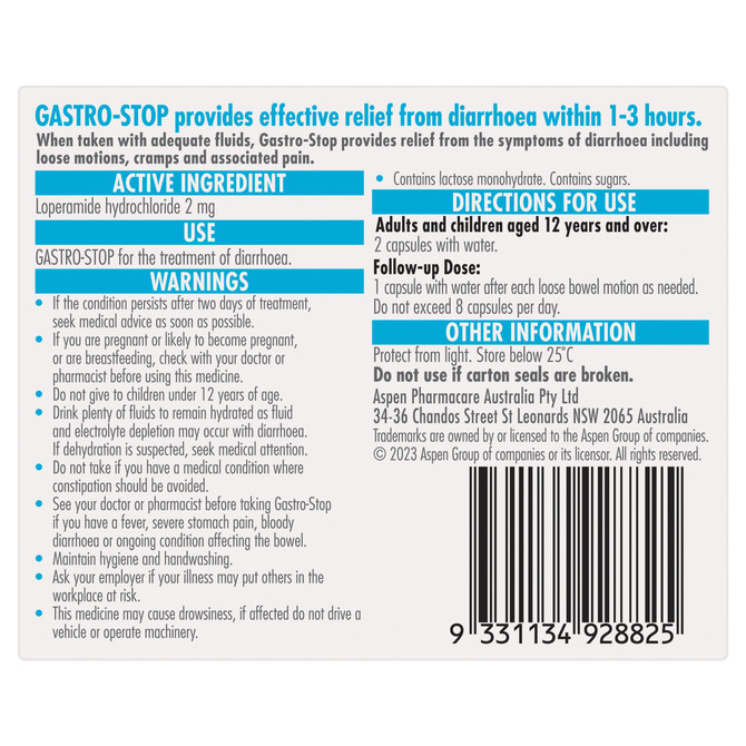 Gastro-Stop Capsules 2mg Loperamide x 12