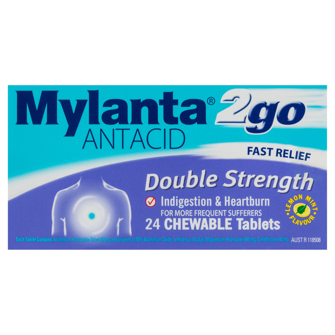 Mylanta 2Go Antacid Double Strength Chewable Tablets Lemon Mint 24 Pack