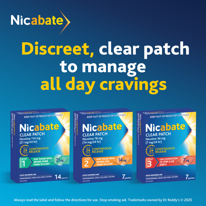 Nicabate Clear Patch Stop Smoking Transdermal drug delivery system Nicotine 21mg 14 Pack