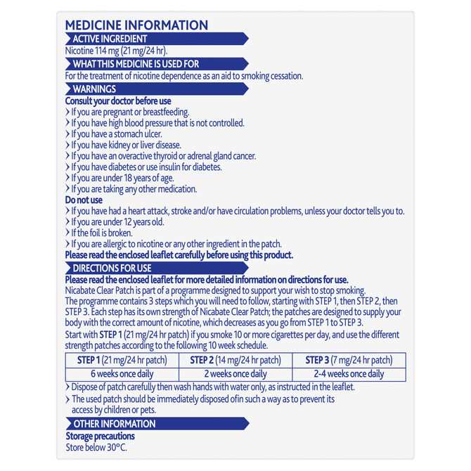Nicabate Clear Patch Stop Smoking Transdermal drug delivery system Nicotine 21mg 7 Pack