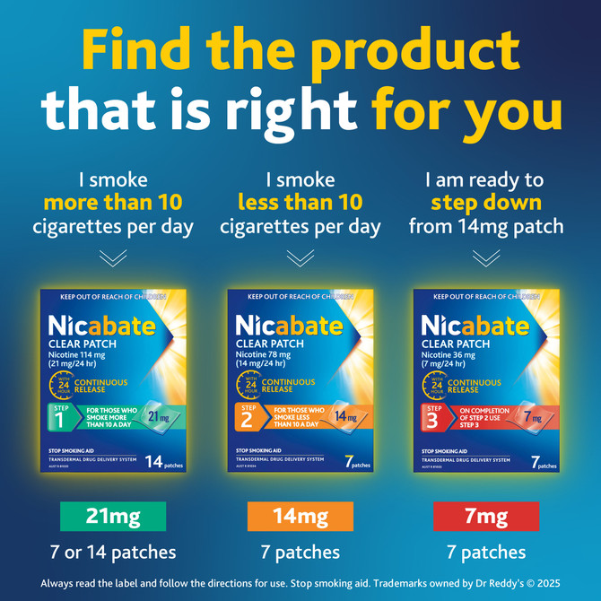 Nicabate Clear Patch Stop Smoking Transdermal drug delivery system Nicotine 7mg 7 Pack