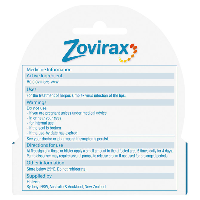 Zovirax Cold Sore Treatment Cream Pump 2g