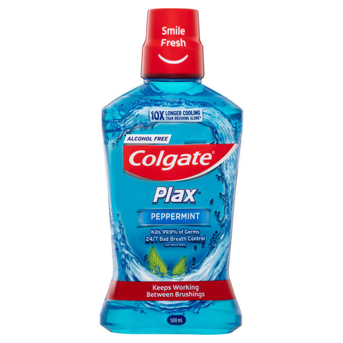Colgate Plax Antibacterial Mouthwash 500mL, Peppermint, Alcohol Free, Bad Breath Control