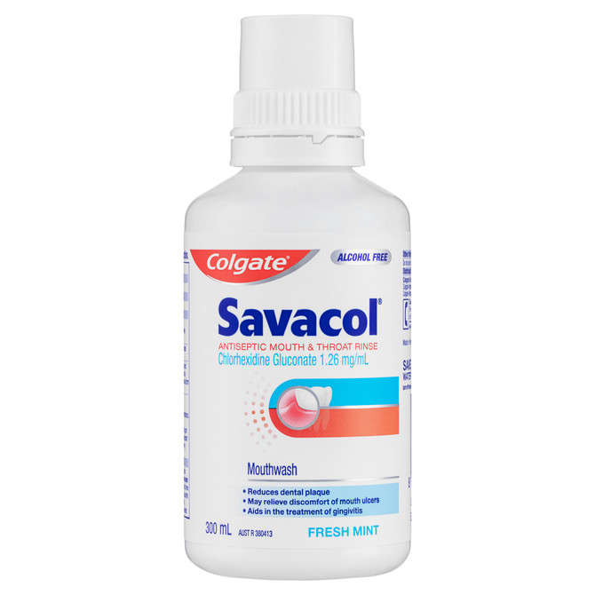 Colgate Savacol Antiseptic Mouth and Throat Rinse Mouthwash, 300mL, Alcohol Free, Fresh Mint