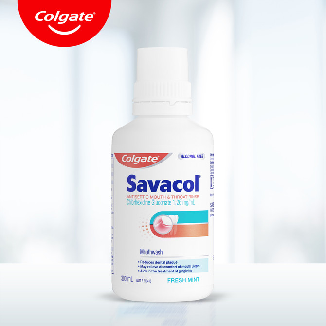 Colgate Savacol Antiseptic Mouth and Throat Rinse Mouthwash, 300mL, Alcohol Free, Fresh Mint