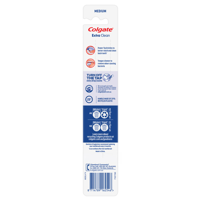Colgate Extra Clean Manual Toothbrush, 1 Pack, Medium Bristles With 25% Recycled Plastic Handle