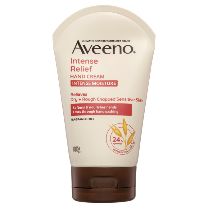Aveeno Intense Relief Hand Cream for Dry, Rough & Sensitive Skin – Fragrance Free Moisturising Hand Cream with Prebiotic Colloidal Oat, 24H Hydration, 100g