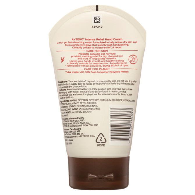 Aveeno Intense Relief Hand Cream for Dry, Rough & Sensitive Skin – Fragrance Free Moisturising Hand Cream with Prebiotic Colloidal Oat, 24H Hydration, 100g