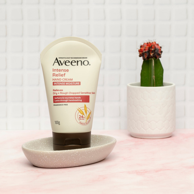 Aveeno Intense Relief Hand Cream for Dry, Rough & Sensitive Skin – Fragrance Free Moisturising Hand Cream with Prebiotic Colloidal Oat, 24H Hydration, 100g