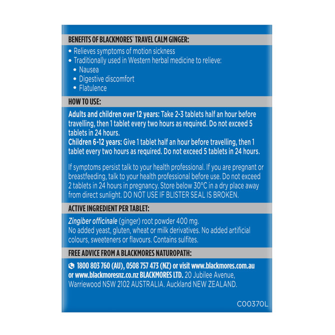 Blackmores Travel Calm Ginger 45 Tablets