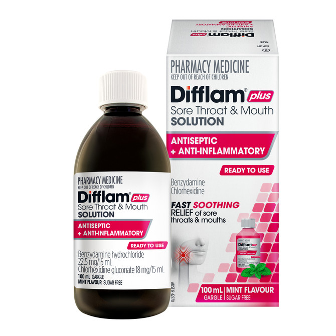 Difflam Plus Sore Throat & Mouth Solution Antiseptic + Anti-Inflammatory Ready To Use 100mL