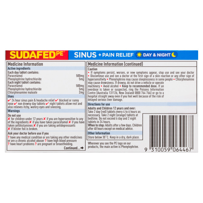 Sudafed PE Sinus + Pain Relief Day & Night Tablets 48 Pack