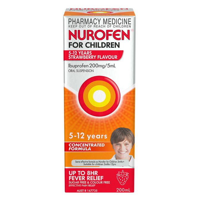 Nurofen For Children 5-12yrs Pain and Fever Relief Concentrated Liquid 200mg/5mL Ibuprofen Strawberry 200mL