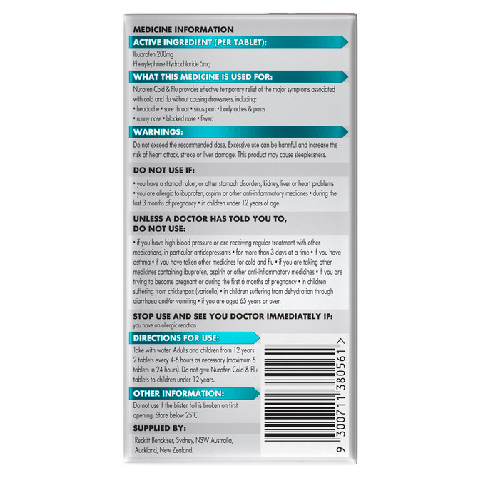 Nurofen Cold and Flu Multi-Symptom Relief Tablets 200mg Ibuprofen 24 Pack