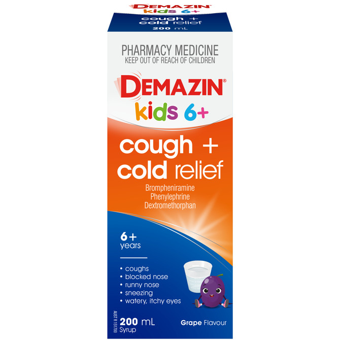 DEMAZIN Kids 6+ Cough + Cold Relief Syrup Grape Flavour 200mL