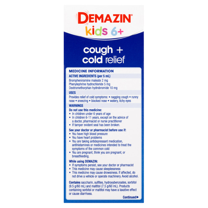 DEMAZIN Kids 6+ Cough + Cold Relief Syrup Grape Flavour 200mL