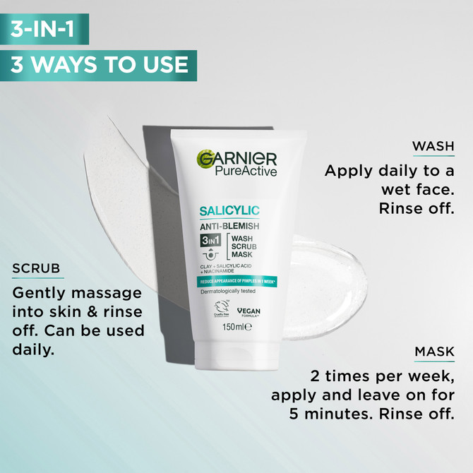 Garnier Pure Active 3-in-1 Clay Wash Scrub & Mask 150mL, Deeply Purifying Cleanser