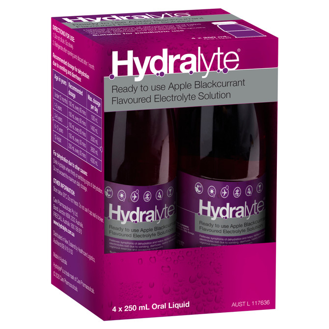 Hydralyte Ready to use Electrolyte Solution Apple Blackcurrant Flavoured 4 x 250mL