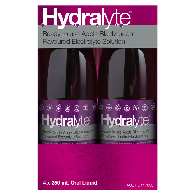 Hydralyte Ready to use Electrolyte Solution Apple Blackcurrant Flavoured 4 x 250mL