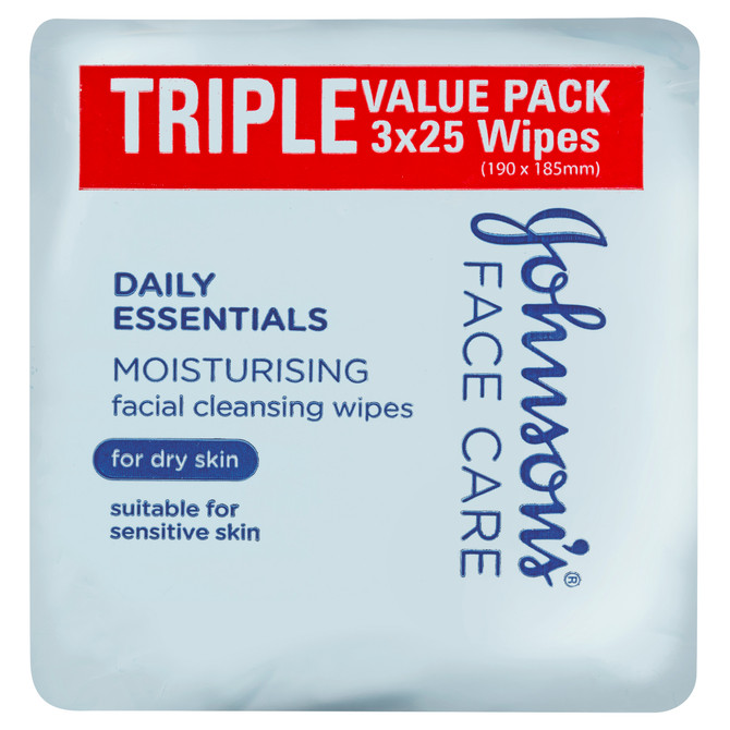 Johnson's Daily Essentials Facial Cleansing Wipes Dry Skin 3 x 25 Pack