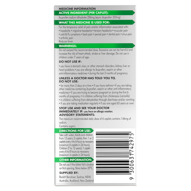 Nurofen Zavance Fast Pain Relief Caplets 256mg Ibuprofen 24 pack