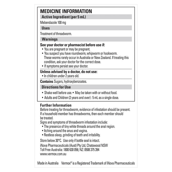 Vermox Worming Treatment Banana Flavoured Liquid 15mL