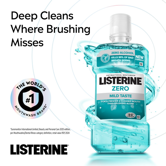 Listerine Zero Alcohol Antibacterial Mouthwash Mild Taste 500ml – Kills 99% of Bad Breath Germs