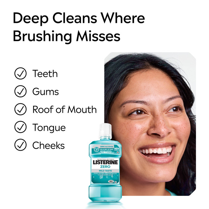 Listerine Zero Alcohol Antibacterial Mouthwash Mild Taste 500ml – Kills 99% of Bad Breath Germs