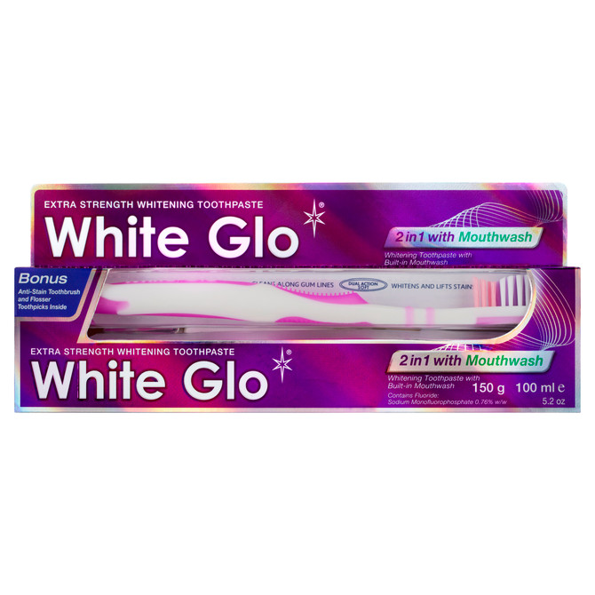 White Glo 2 in 1 With Mouthwash Extra Strength Whitening Toothpaste + Toothbrush