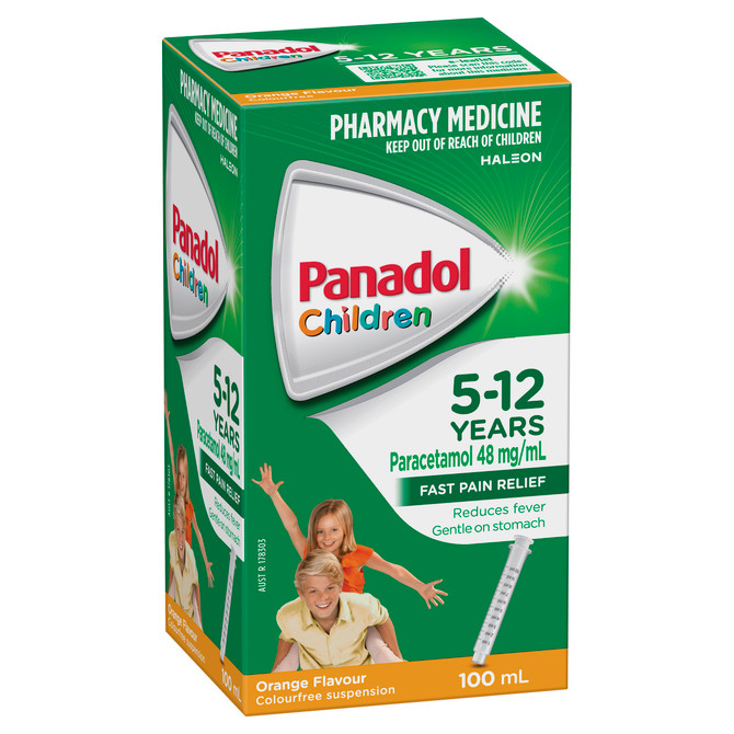 Panadol Children 5-12 Years Suspension, Fever & Pain Relief, Orange Flavour, 100 mL 