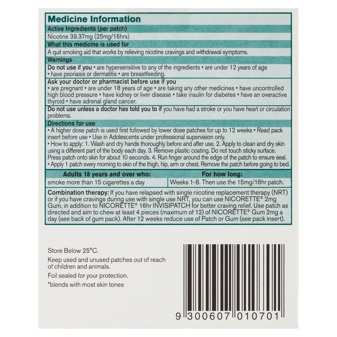 Nicorette Quit Smoking Nicotine 16 hour Invisipatch Step 1 25mg 7 Pack
