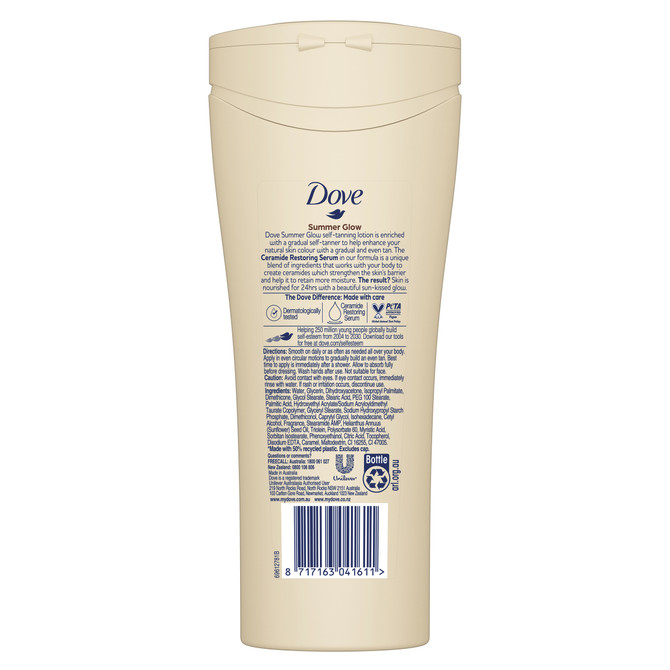 Dove Summer Glow Gradual Self Tanner Body Lotion sun-kissed skin from first use Medium to Dark 24-hour nourishment for moisturising skin care 250 mL