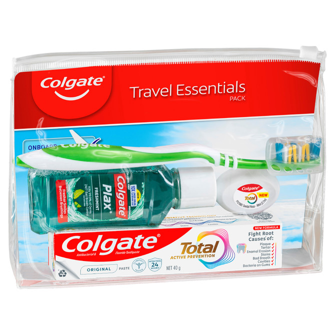 Colgate Travel Essentials Kit, 1 Pack, Toothbrush, Toothpaste, Mouthwash, Floss and Travel Bag Pack