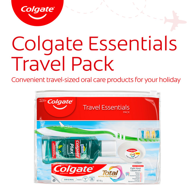 Colgate Travel Essentials Kit, 1 Pack, Toothbrush, Toothpaste, Mouthwash, Floss and Travel Bag Pack