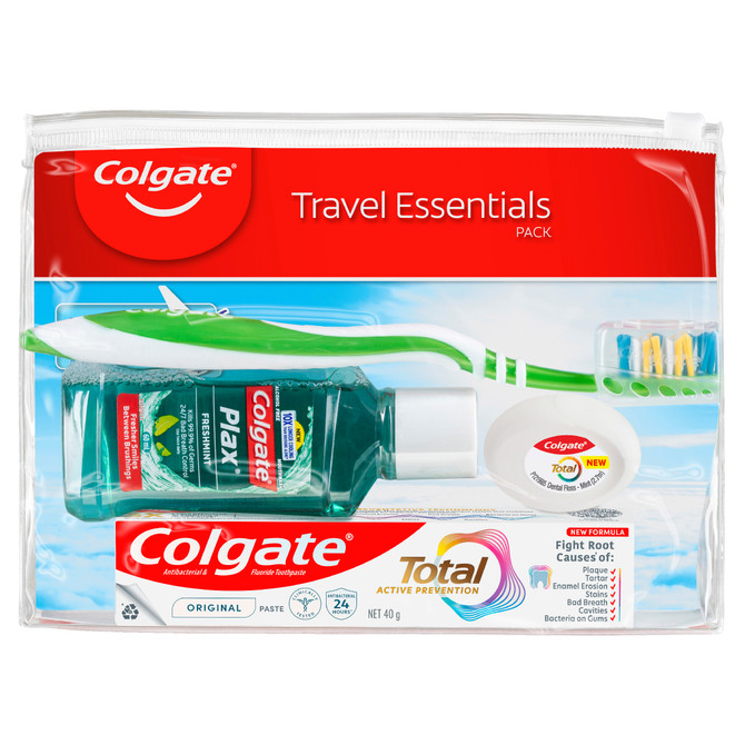 Colgate Travel Essentials Kit, 1 Pack, Toothbrush, Toothpaste, Mouthwash, Floss and Travel Bag Pack