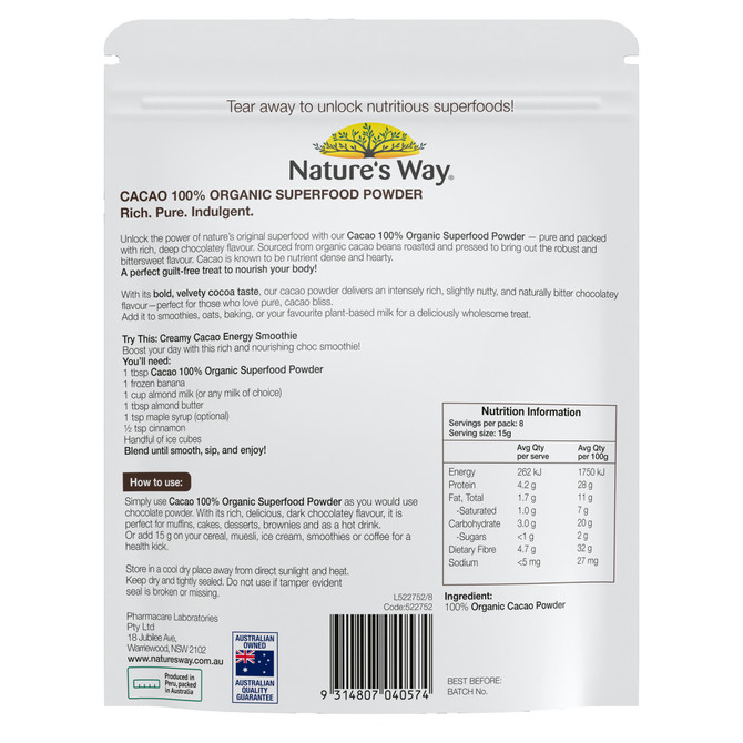 Nature's Way Superfoods Cacao Powder 125g