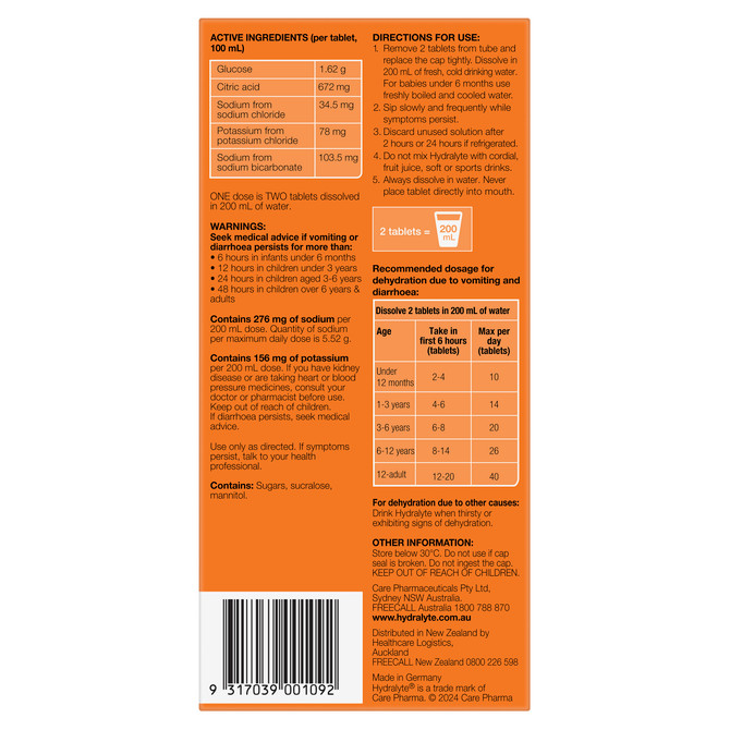 Hydralyte Effervescent Electrolyte Tablets Orange Flavoured 40 Tablets