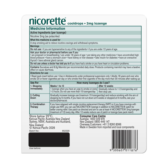 Nicorette Quit Smoking Aid Nicotine 2mg Icy Mint Cooldrops Regular Strength Lozenge Value Pack – Sugar‑Free Smoking Cessation Aid-80 Pack