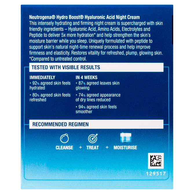 Neutrogena® Hydro Boost® Hyaluronic Acid Night Cream – Intensely Hydrating, Firming & Refreshing Night Moisturiser with NMF Complex, Electrolytes & Peptide – 50g